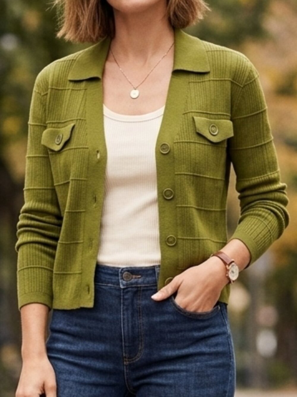Cabi‎ Exec Cardigan Olive Green Ribbed Knit Polo Crop Cardigan Size XS